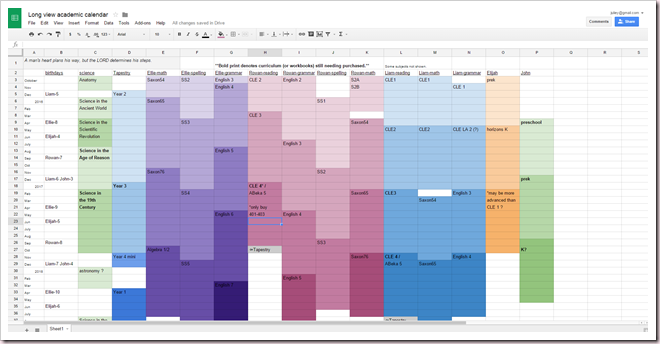 Long view academic calendar Google Sheets